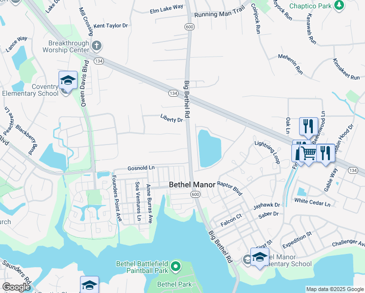 map of restaurants, bars, coffee shops, grocery stores, and more near 2901 Big Bethel Road in Yorktown