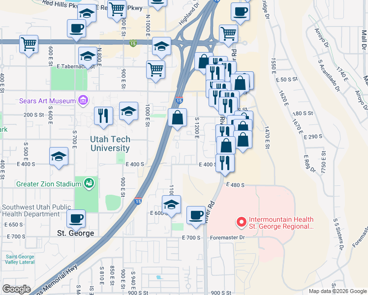 map of restaurants, bars, coffee shops, grocery stores, and more near 1122 East 300 South in St. George