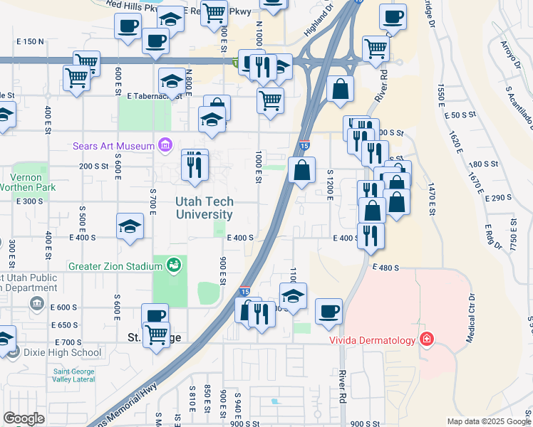 map of restaurants, bars, coffee shops, grocery stores, and more near 330 South 1000 East in St. George