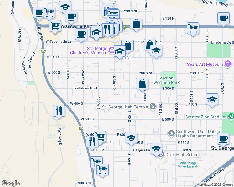 map of restaurants, bars, coffee shops, grocery stores, and more near 331 S Main St in St George