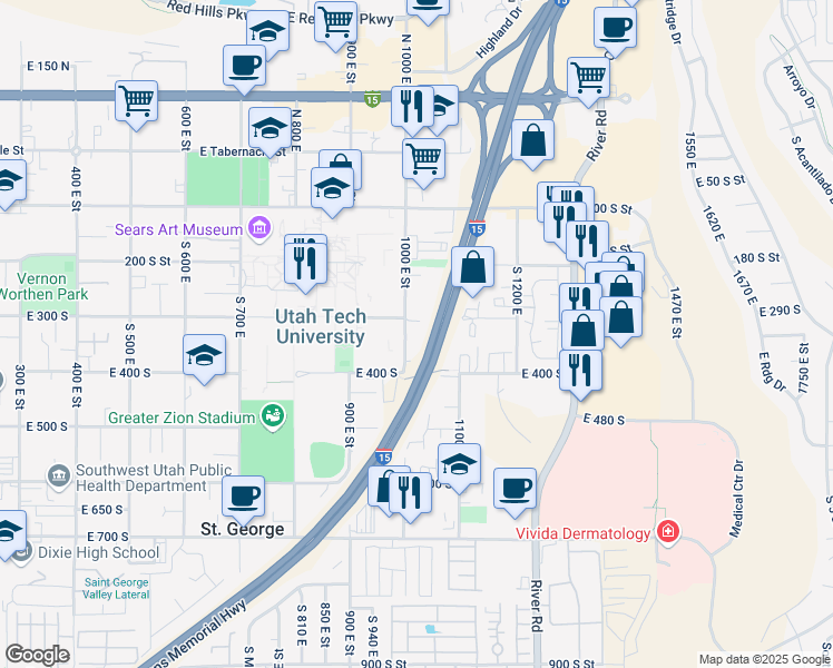 map of restaurants, bars, coffee shops, grocery stores, and more near 330 South 1000 East in St. George