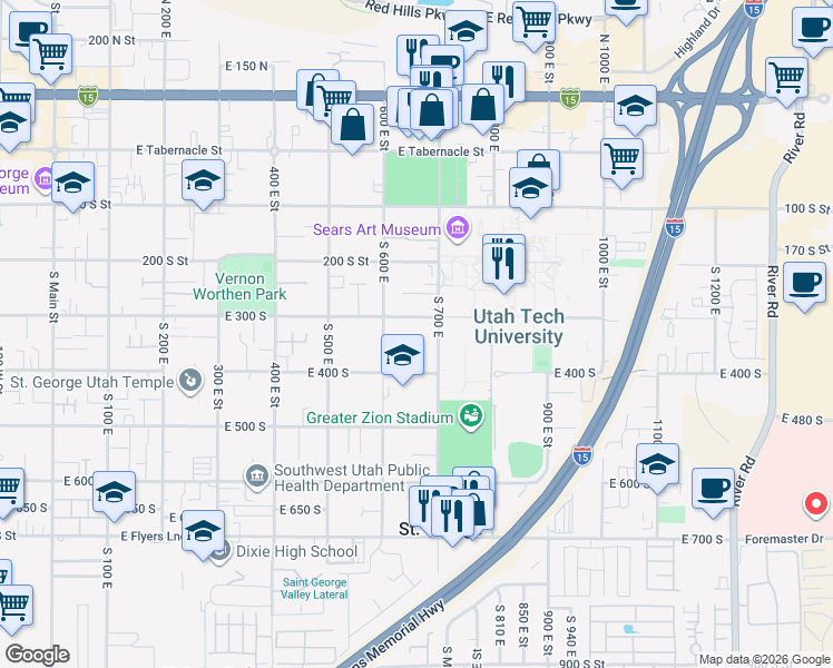 map of restaurants, bars, coffee shops, grocery stores, and more near 339 S 660 E Cir in St George