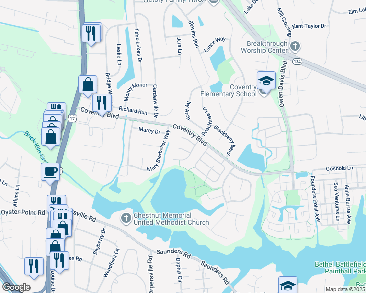 map of restaurants, bars, coffee shops, grocery stores, and more near 106 Crimson Court in Yorktown