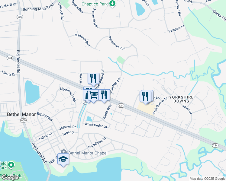map of restaurants, bars, coffee shops, grocery stores, and more near 110 Robin Hood Dr in Yorktown