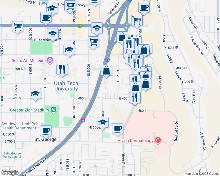 map of restaurants, bars, coffee shops, grocery stores, and more near 1122 East 300 South in St. George