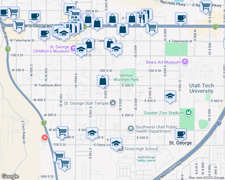 map of restaurants, bars, coffee shops, grocery stores, and more near 325 South 200 East in St. George