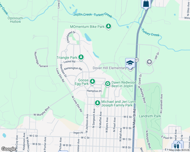 map of restaurants, bars, coffee shops, grocery stores, and more near 639 West Jaccard Place in Joplin
