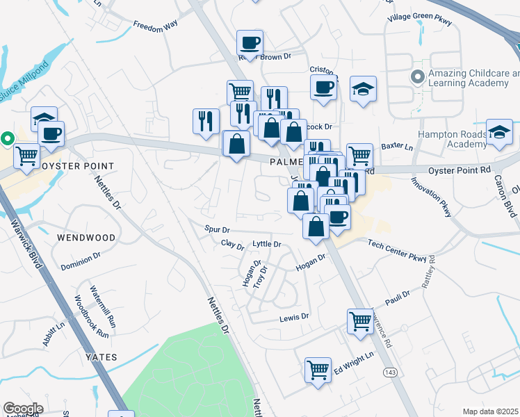 map of restaurants, bars, coffee shops, grocery stores, and more near 555 Blue Point Terrace in Newport News