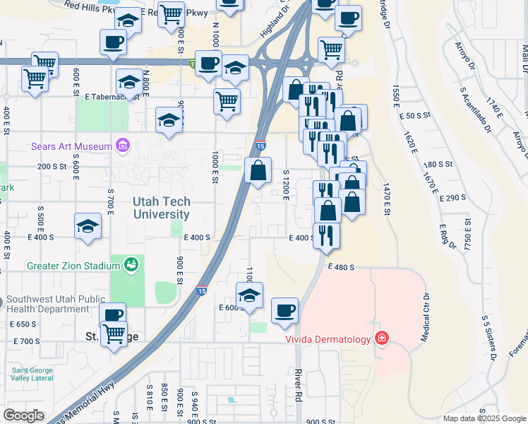 map of restaurants, bars, coffee shops, grocery stores, and more near 1122 East 300 South in St. George