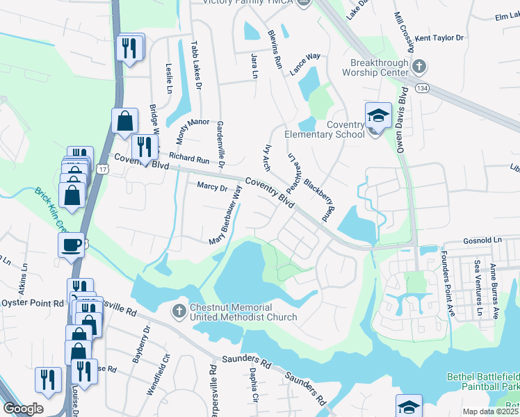 map of restaurants, bars, coffee shops, grocery stores, and more near 106 Crimson Court in Yorktown