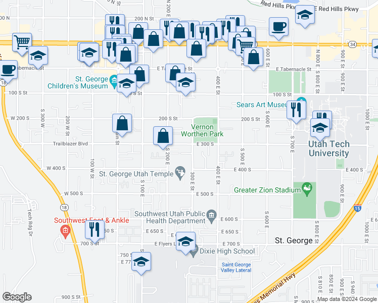 map of restaurants, bars, coffee shops, grocery stores, and more near 324 South 300 East in St. George
