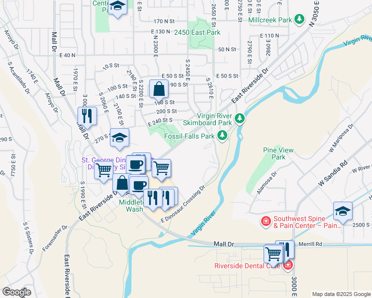 map of restaurants, bars, coffee shops, grocery stores, and more near 2410 East Riverside Drive in St. George