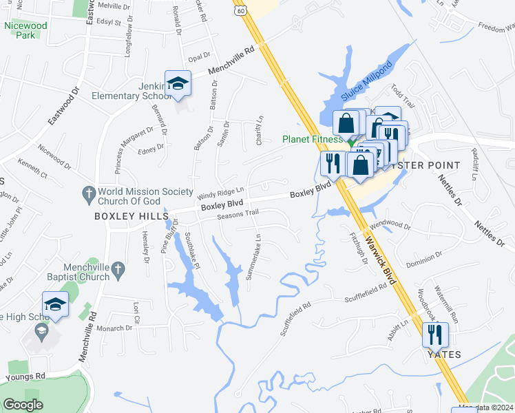 map of restaurants, bars, coffee shops, grocery stores, and more near 237 Seasons Trail in Newport News