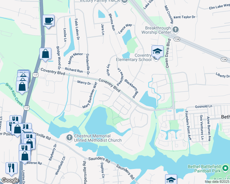 map of restaurants, bars, coffee shops, grocery stores, and more near 103 Lilburne Way in Yorktown