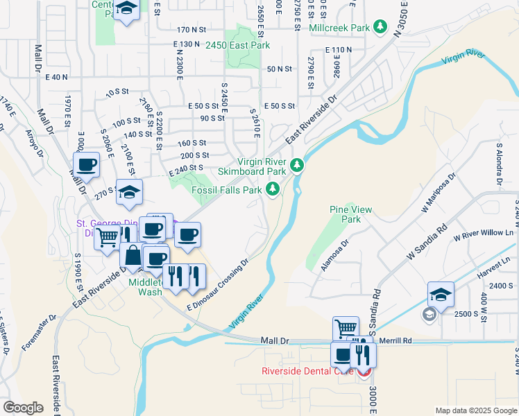 map of restaurants, bars, coffee shops, grocery stores, and more near 2409 East Dinosaur Crossing Drive in St. George