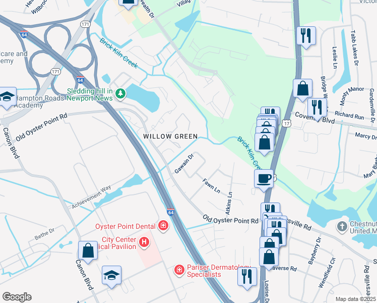 map of restaurants, bars, coffee shops, grocery stores, and more near 123 Gawain Drive in Newport News
