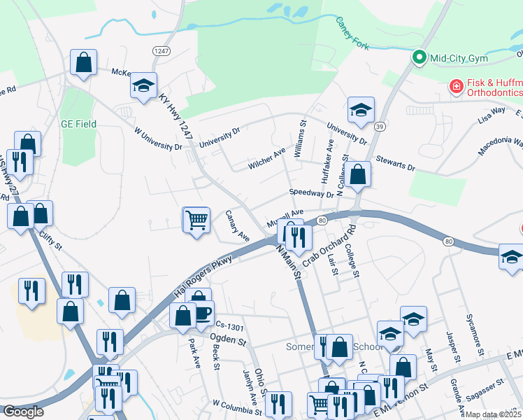 map of restaurants, bars, coffee shops, grocery stores, and more near 101 Speedway Drive in Somerset