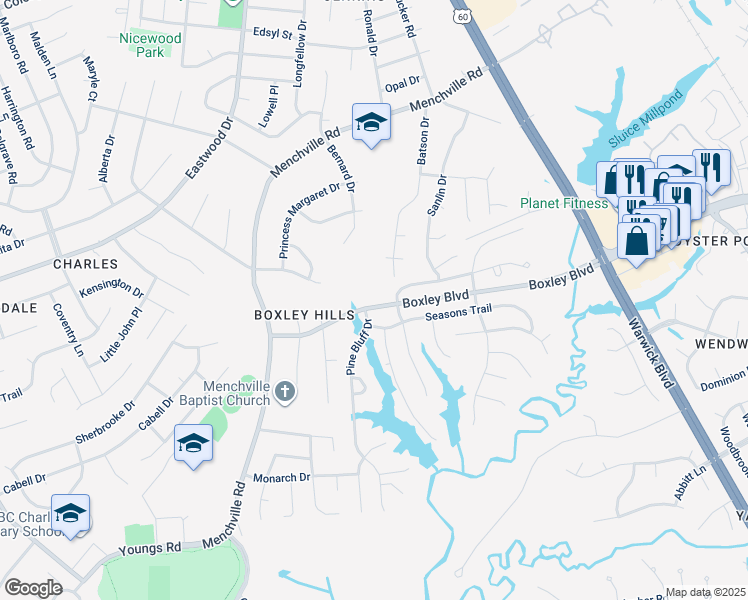 map of restaurants, bars, coffee shops, grocery stores, and more near 60 Boxley Boulevard in Newport News
