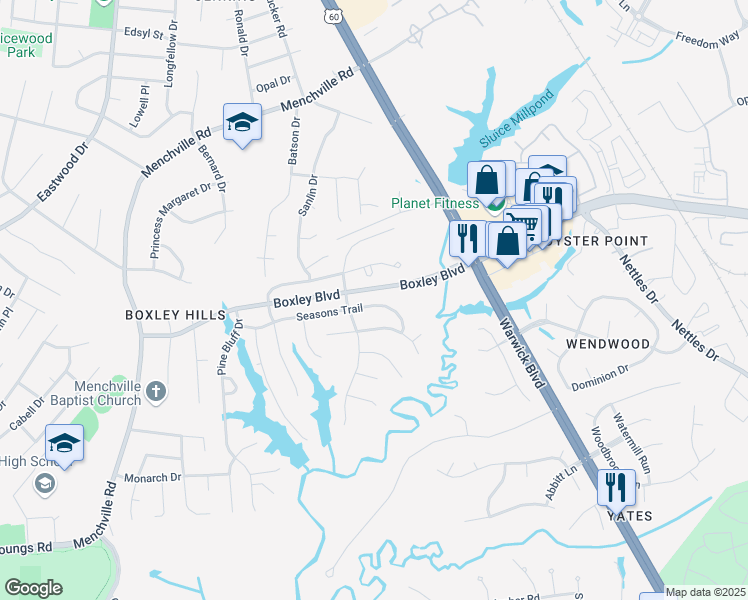 map of restaurants, bars, coffee shops, grocery stores, and more near 243 Seasons Trail in Newport News