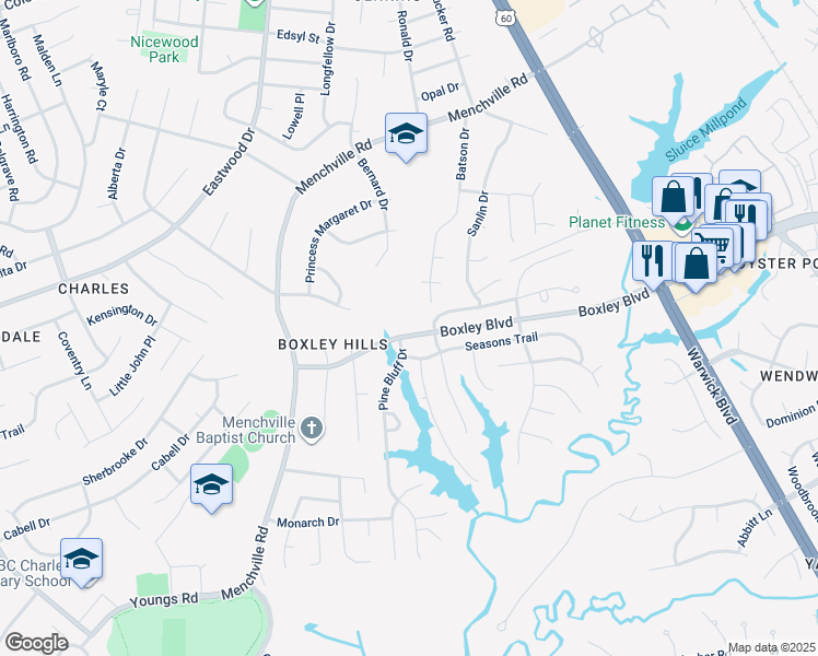 map of restaurants, bars, coffee shops, grocery stores, and more near 60 Boxley Boulevard in Newport News
