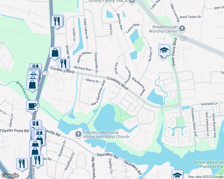 map of restaurants, bars, coffee shops, grocery stores, and more near 108 Crimson Court in Yorktown