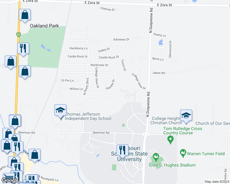 map of restaurants, bars, coffee shops, grocery stores, and more near 3835 College View Drive in Joplin