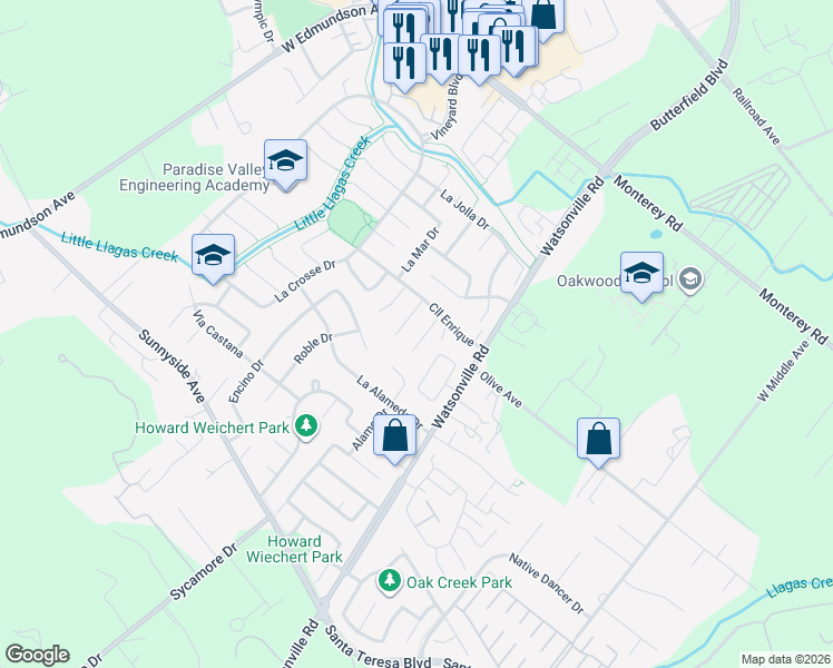 map of restaurants, bars, coffee shops, grocery stores, and more near 485 La Canada Court in Morgan Hill