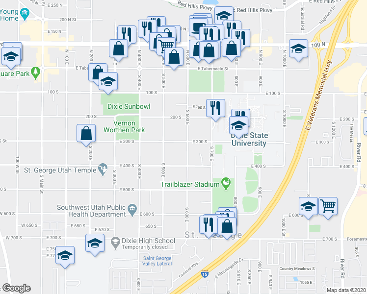 map of restaurants, bars, coffee shops, grocery stores, and more near 326 South 600 East in St. George