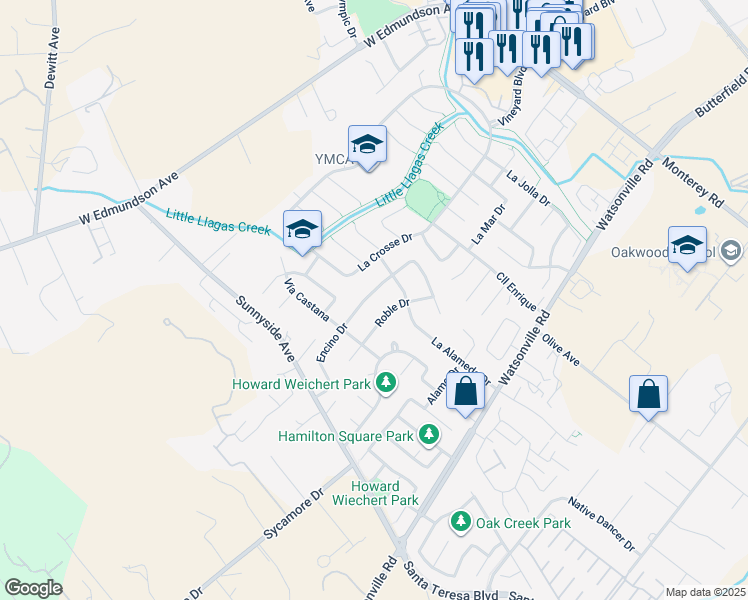 map of restaurants, bars, coffee shops, grocery stores, and more near 740 Encino Drive in Morgan Hill