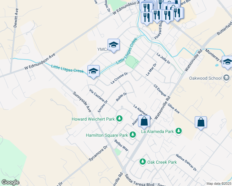 map of restaurants, bars, coffee shops, grocery stores, and more near 740 Encino Drive in Morgan Hill
