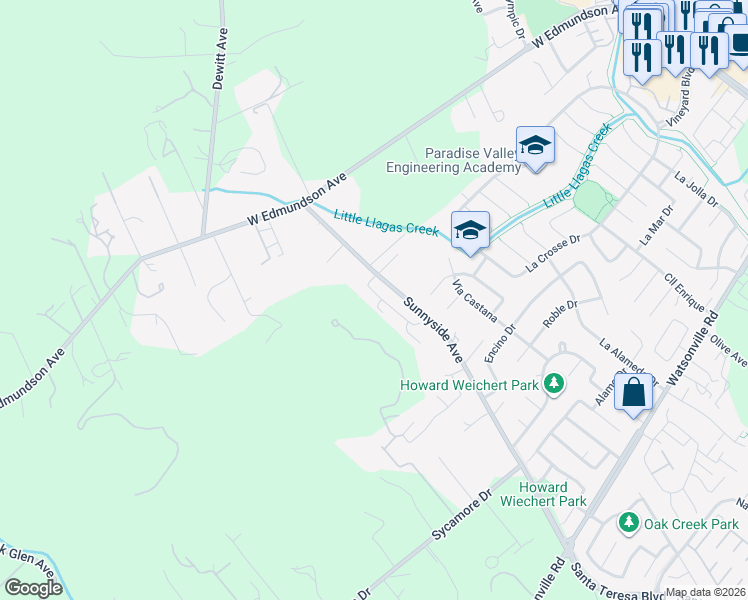 map of restaurants, bars, coffee shops, grocery stores, and more near 15785 Casino Real in Morgan Hill
