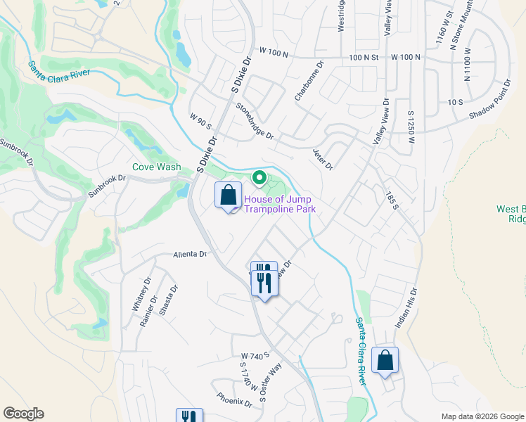 map of restaurants, bars, coffee shops, grocery stores, and more near 333 South Parkside Circle in St. George