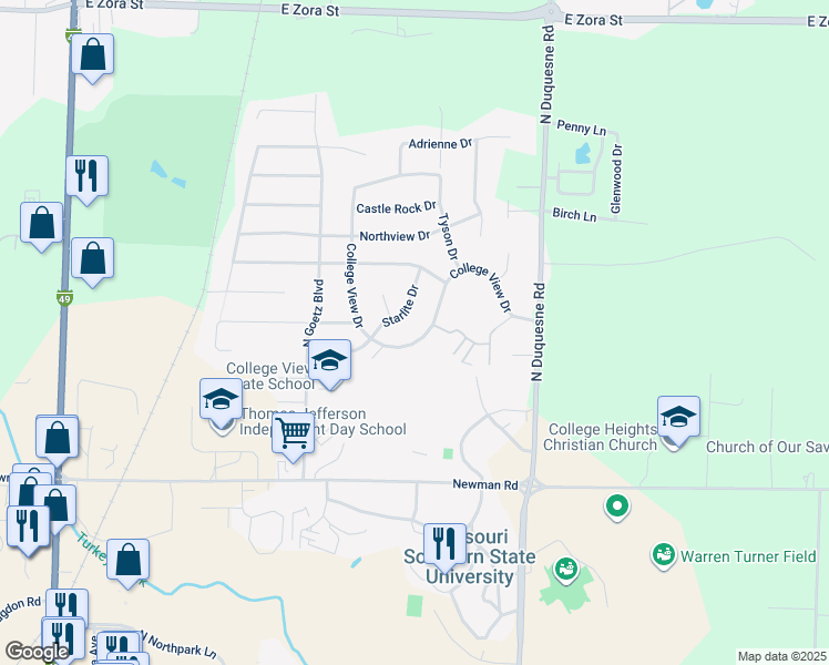 map of restaurants, bars, coffee shops, grocery stores, and more near 3835 College View Drive in Joplin