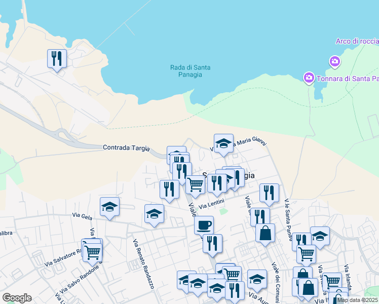 map of restaurants, bars, coffee shops, grocery stores, and more near 12 Via Franca Maria Gianni in Siracusa