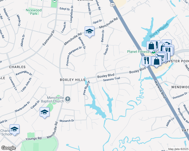 map of restaurants, bars, coffee shops, grocery stores, and more near 201 Windy Ridge Lane in Newport News