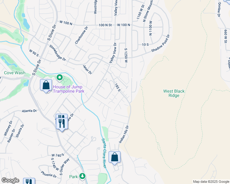 map of restaurants, bars, coffee shops, grocery stores, and more near 1301 West Indian Hills Drive in St. George