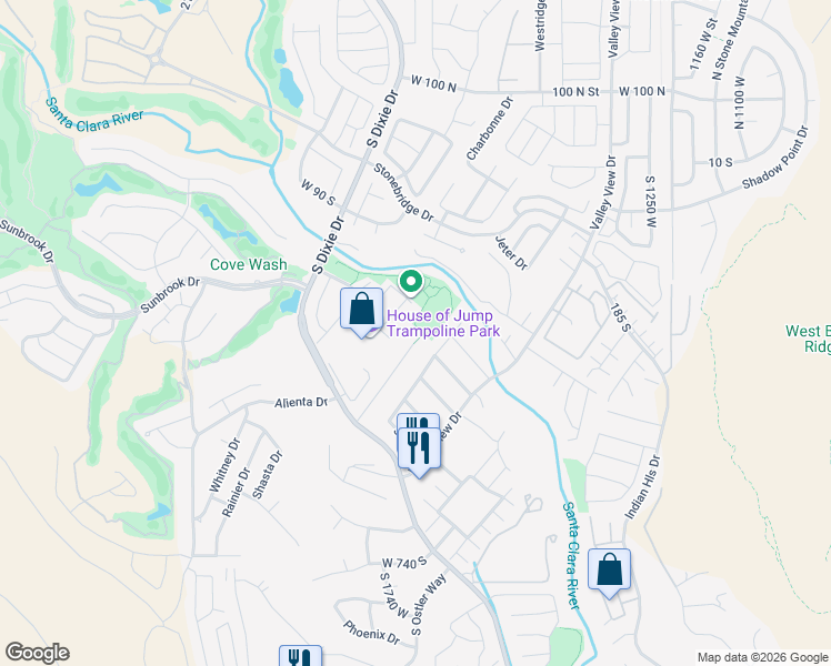 map of restaurants, bars, coffee shops, grocery stores, and more near 333 South Parkside Circle in St. George