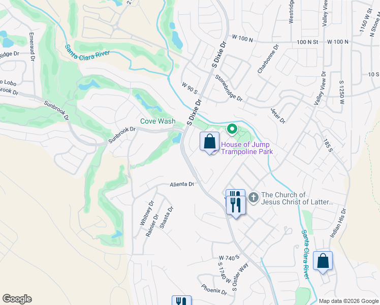 map of restaurants, bars, coffee shops, grocery stores, and more near 271-363 South Dixie Drive in St. George