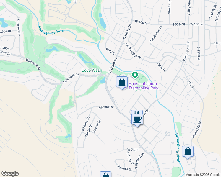 map of restaurants, bars, coffee shops, grocery stores, and more near 1825 West Mathis Park Place in St. George