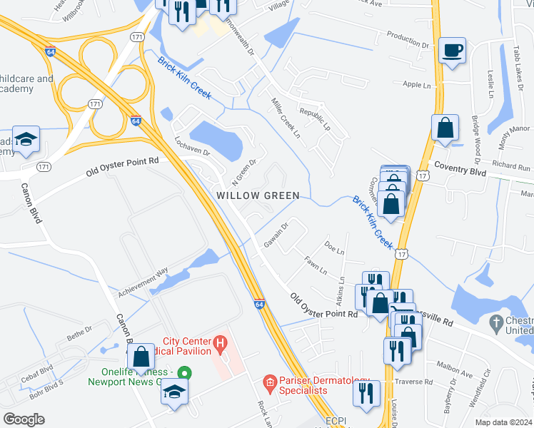 map of restaurants, bars, coffee shops, grocery stores, and more near 1028 Willow Green Drive in Newport News
