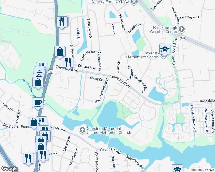 map of restaurants, bars, coffee shops, grocery stores, and more near 203 Mary Bierbauer Way in Yorktown