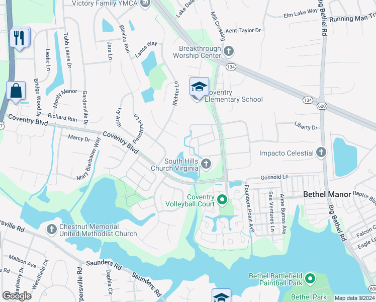 map of restaurants, bars, coffee shops, grocery stores, and more near 319 Ferguson Bend in Yorktown