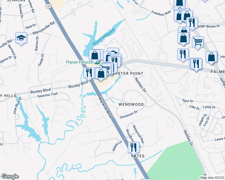 map of restaurants, bars, coffee shops, grocery stores, and more near 1 Mears Circle in Newport News