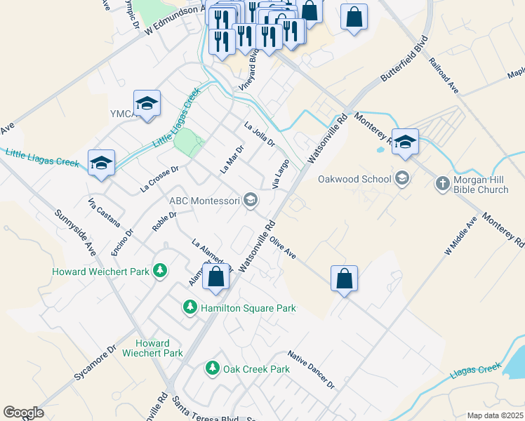 map of restaurants, bars, coffee shops, grocery stores, and more near 15320 Calle Enrique in Morgan Hill