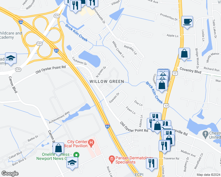 map of restaurants, bars, coffee shops, grocery stores, and more near 1028 Willow Green Drive in Newport News