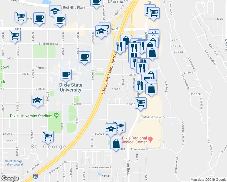 map of restaurants, bars, coffee shops, grocery stores, and more near 1122 East 300 South in St. George