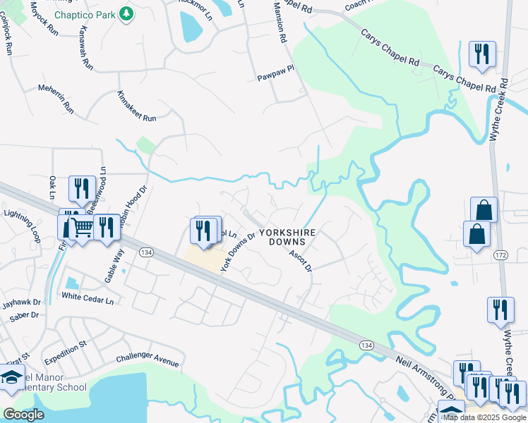 map of restaurants, bars, coffee shops, grocery stores, and more near 205 Clydesdale Drive in Yorktown