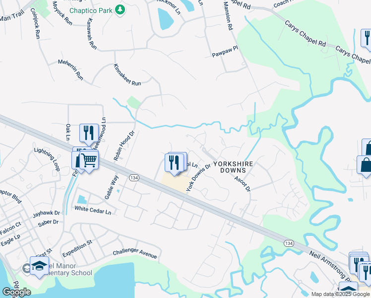 map of restaurants, bars, coffee shops, grocery stores, and more near 209 Amersham Drive in Yorktown