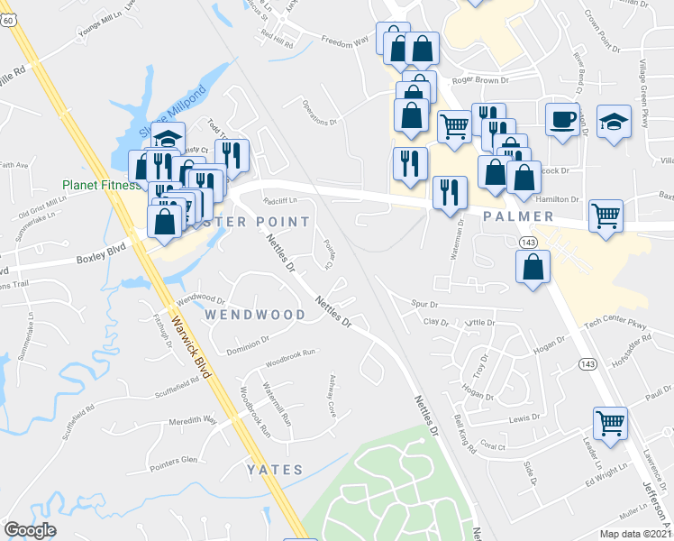 map of restaurants, bars, coffee shops, grocery stores, and more near 299 Pointer Circle in Newport News