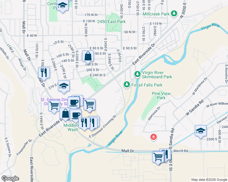 map of restaurants, bars, coffee shops, grocery stores, and more near 316 South 2450 East in St. George